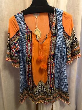 Velzera Orange and Blue Printed Pom-Pom Tunic Top